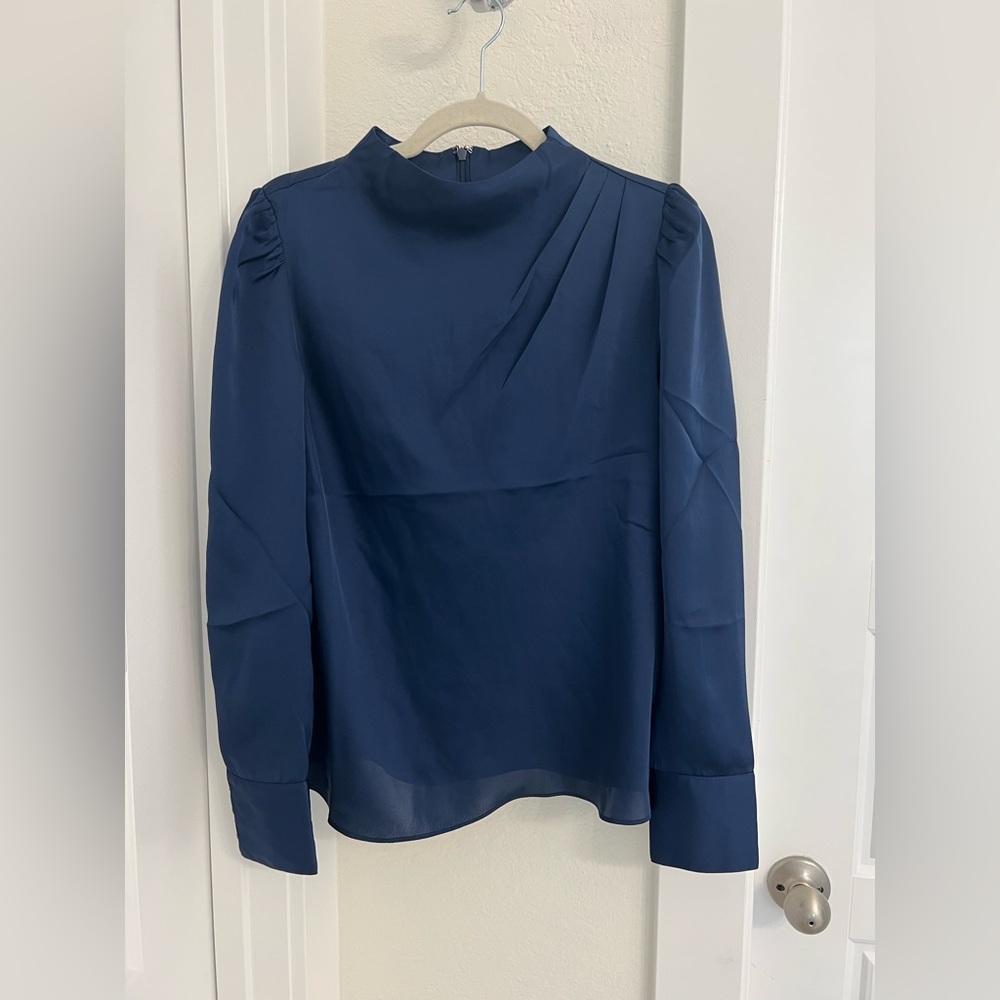 Navy Satin High-Neck Long-Sleeve Blouse - Picture 2 of 11